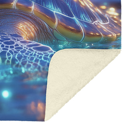 Sea Turtle Swimming Gracefully in Bioluminescent Ocean Under Twilight Sky with Glowing Green and Blue Shell Fleece Sherpa Blanket - Awakening Righteousness