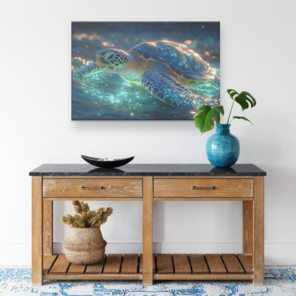 Sea Turtle Swimming Gracefully Through Glowing Bioluminescent Ocean Under Twilight Sky Canvas Wall Art Decor - Awakening Righteousness