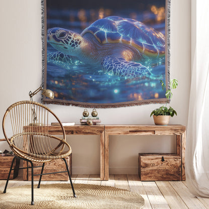 Sea Turtle Swimming Through Glowing Bioluminescent Ocean Woven Throw Blanket with Twilight Sky and Illuminated Shell - Awakening Righteousness