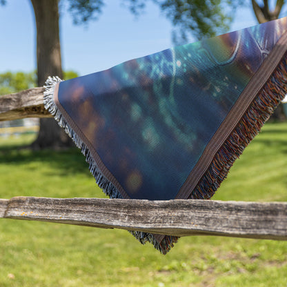 Sea Turtle Swimming Through Glowing Bioluminescent Ocean Woven Throw Blanket with Twilight Sky and Illuminated Shell - Awakening Righteousness