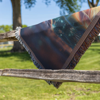Sea Turtle Swimming Through Glowing Bioluminescent Ocean Woven Throw Blanket with Twilight Sky and Illuminated Shell - Awakening Righteousness