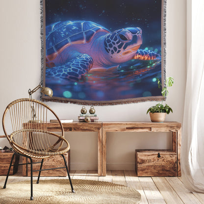 Sea Turtle Swimming Through Glowing Bioluminescent Ocean Woven Throw Blanket with Twilight Sky and Illuminated Shell - Awakening Righteousness