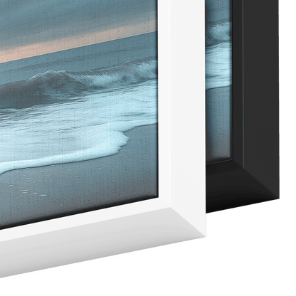 Serene Coastal View Gentle Waves Muted Gray Sky Minimalist Sandy Beach Neutral Tones Panoramic Framed Canvas Wall Art - Awakening Righteousness