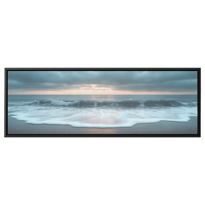 Serene Coastal View Gentle Waves Muted Gray Sky Minimalist Sandy Beach Neutral Tones Panoramic Framed Canvas Wall Art - Awakening Righteousness