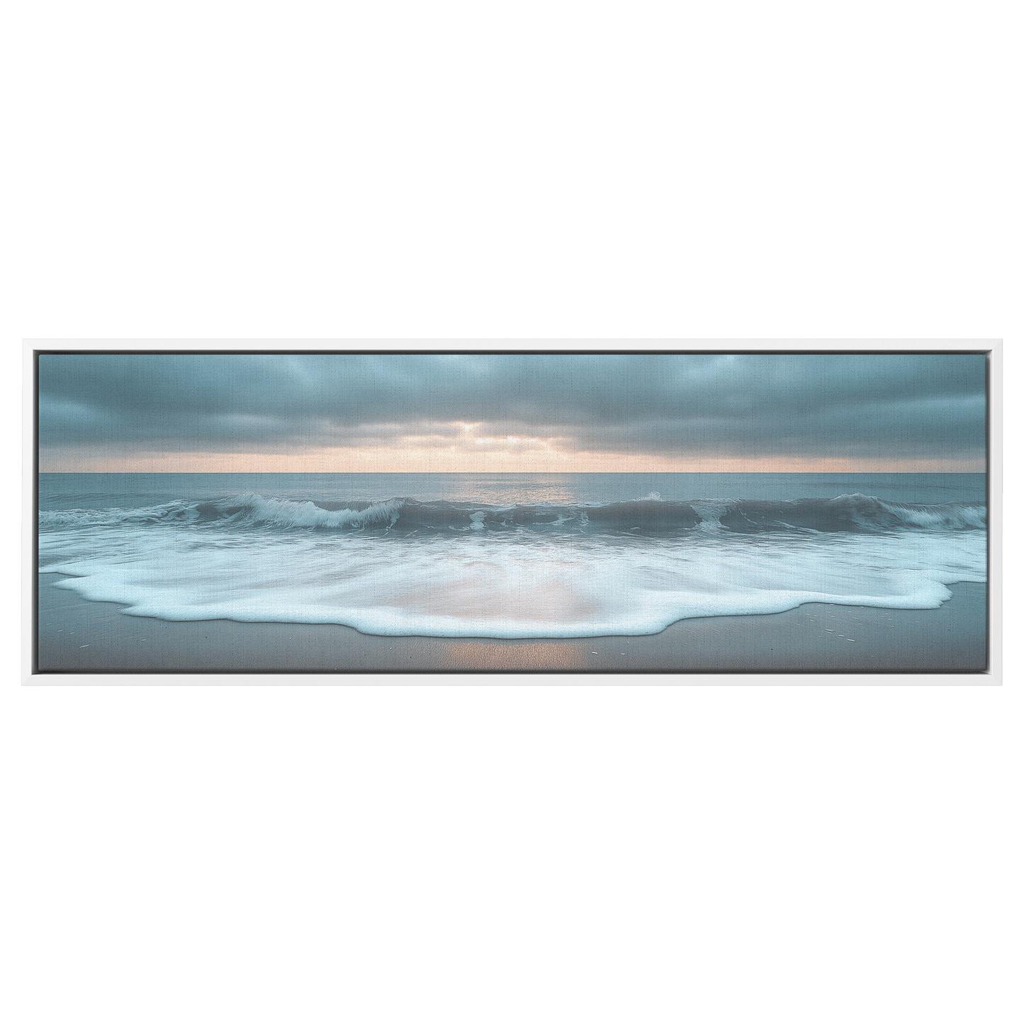 Serene Coastal View Gentle Waves Muted Gray Sky Minimalist Sandy Beach Neutral Tones Panoramic Framed Canvas Wall Art - Awakening Righteousness