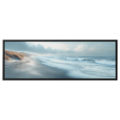 Serene Coastal View Gentle Waves Muted Gray Sky Minimalist Sandy Beach Neutral Tones Panoramic Framed Canvas Wall Art - Awakening Righteousness