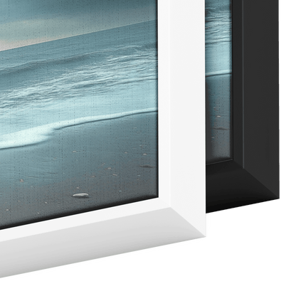 Serene Coastal View Gentle Waves Muted Gray Sky Minimalist Sandy Beach Neutral Tones Panoramic Framed Canvas Wall Art - Awakening Righteousness