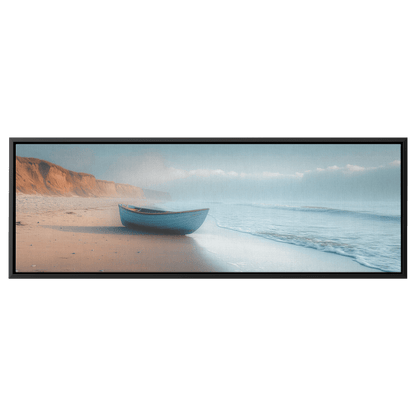 Serene Coastal View Gentle Waves Muted Gray Sky Minimalist Sandy Beach Neutral Tones Panoramic Framed Canvas Wall Art - Awakening Righteousness