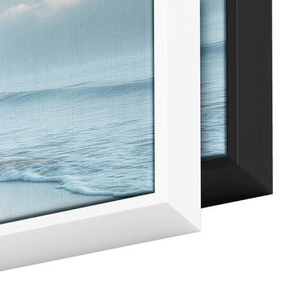 Serene Coastal View Gentle Waves Muted Gray Sky Minimalist Sandy Beach Neutral Tones Panoramic Framed Canvas Wall Art - Awakening Righteousness
