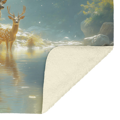 Serene Deer by Stream Cozy Fleece Sherpa Blanket - Awakening Righteousness