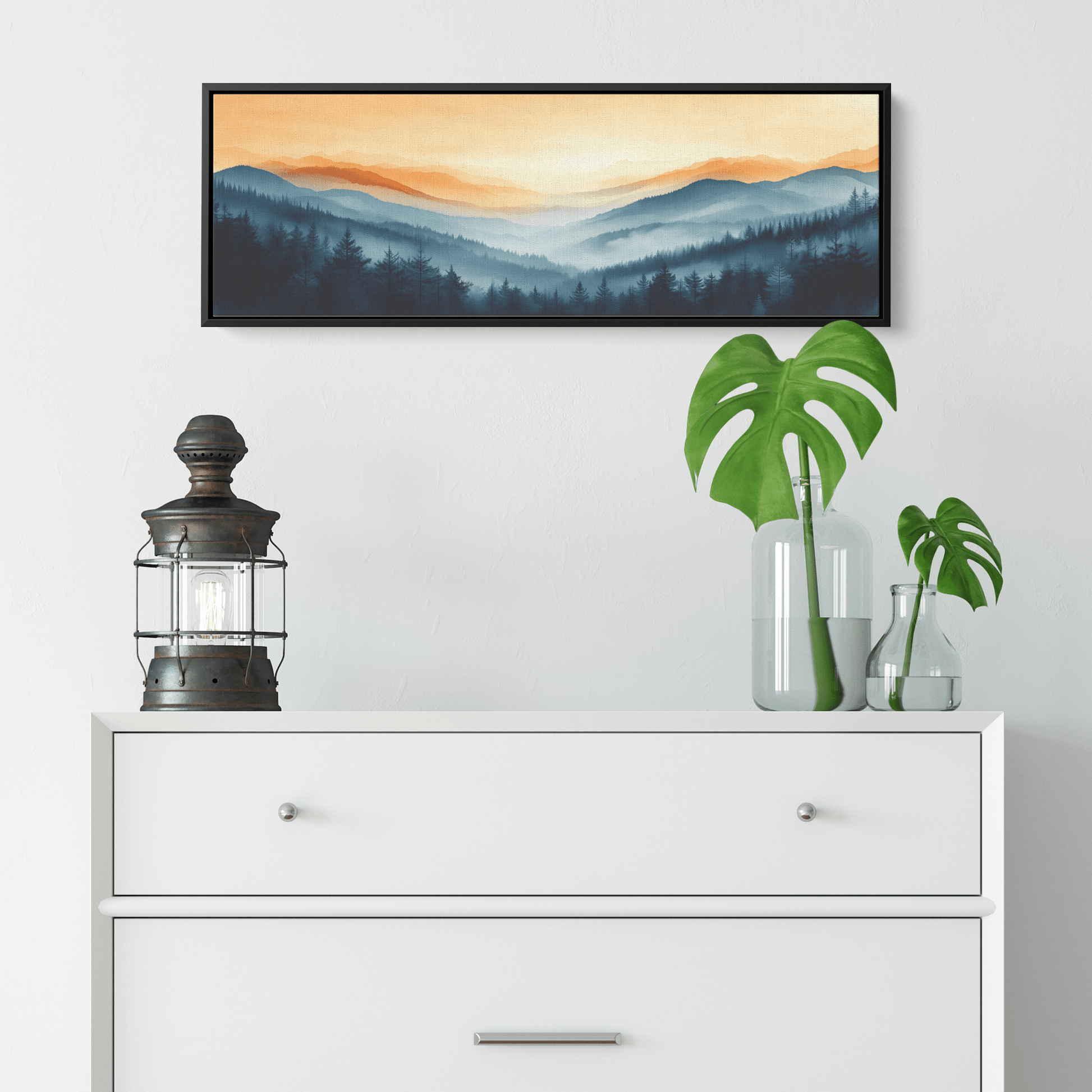 Serene Nature Scene Misty Hills Fading Soft Gray Cream Tones Ultra High Definition Clean Minimalist Panoramic Framed Canvas Wall Art - Awakening Righteousness