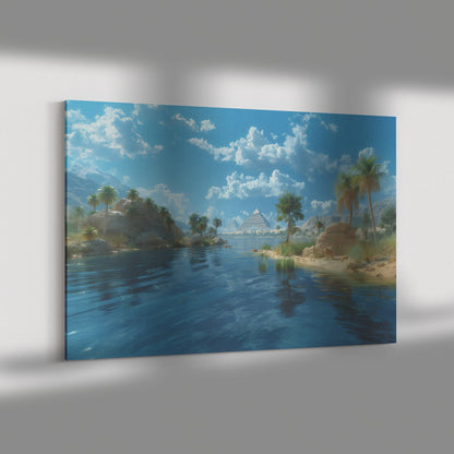 Serene Oasis with Pyramid View and Crystal Blue Water Canvas Wall Art Decor - Awakening Righteousness