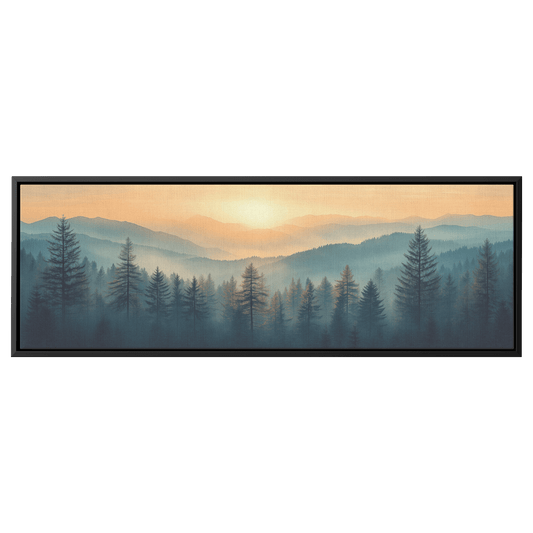 Serene Panoramic View Forests Distant Hills Muted Beige Gray Ultra High Definition Elegant Minimalist Panoramic Framed Canvas Wall Art - Awakening Righteousness