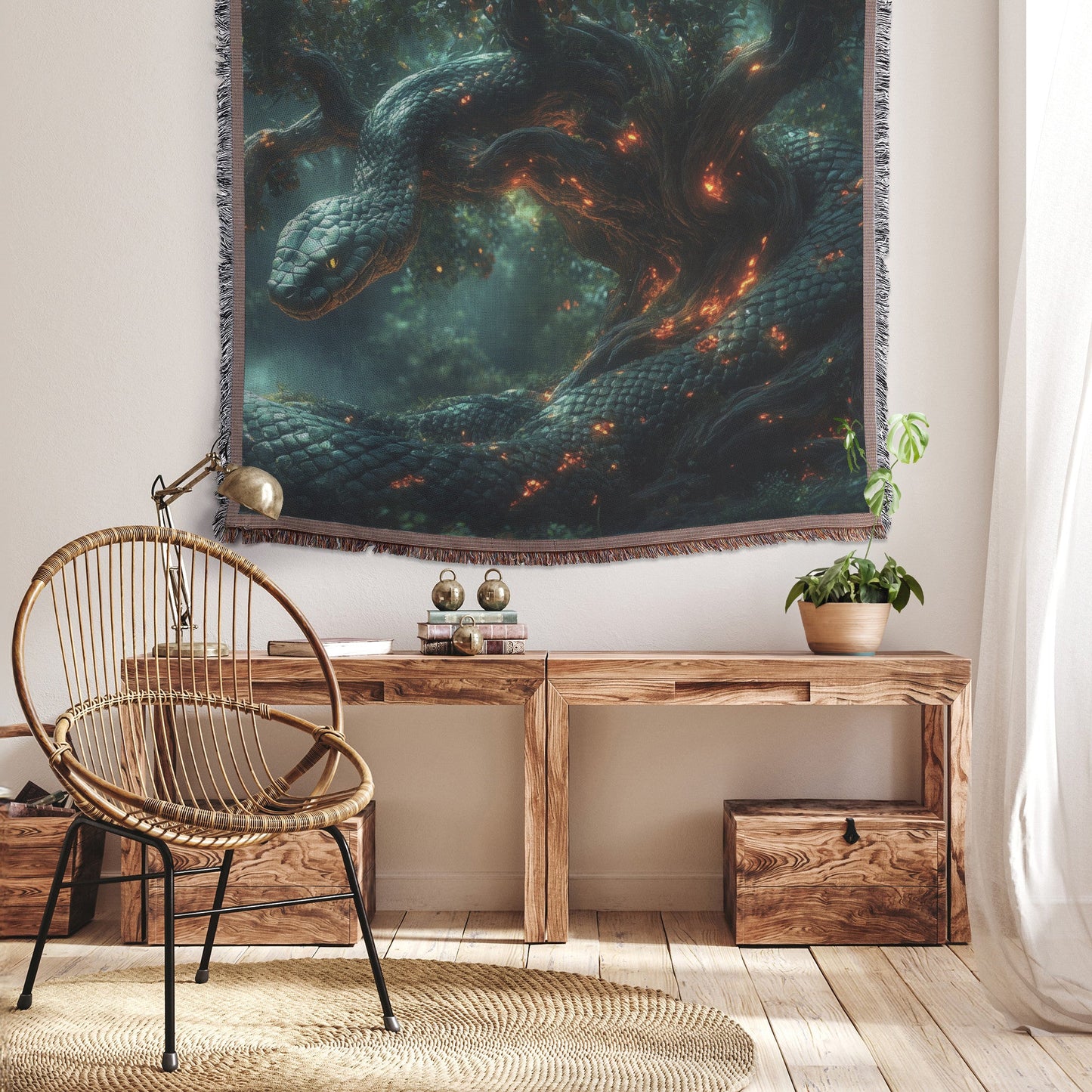 Serpent Entwined Around Glowing Tree in Enchanted Forest Woven Throw Blanket for Home Decor - Awakening Righteousness