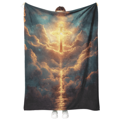 Shining Cross in Celestial Scene With Ethereal Clouds Rays of Divine Light and Illuminated Path Fleece Sherpa Blanket - Awakening Righteousness