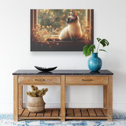 Siamese Cat Canvas Wall Art Decor Sitting Gracefully on Windowsill with Golden Light Streaming and Glowing Reflections - Awakening Righteousness