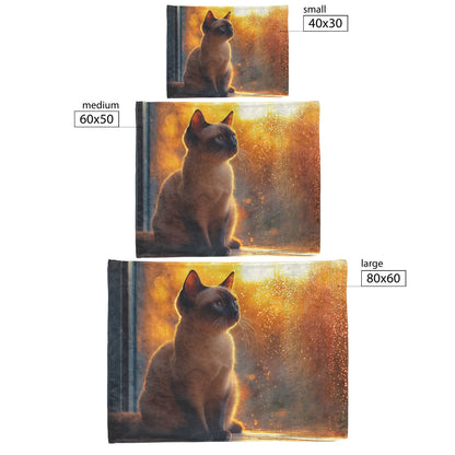 Siamese Cat Sitting Gracefully on Windowsill with Golden Light and Glowing Reflections Fleece Sherpa Blanket - Awakening Righteousness