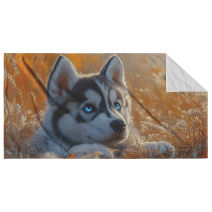 Siberian Husky Beach Towel Featuring Puppy in Golden Autumn Field Soft Absorbent Unique Nature Inspired Design - Awakening Righteousness