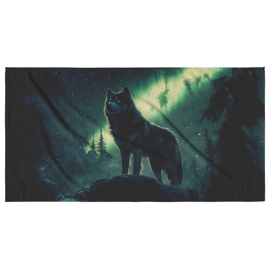 Siberian Husky Beach Towel on Snowy Mountain Peak Under Glowing Northern Lights with Intricate Fur Magical Atmosphere - Awakening Righteousness