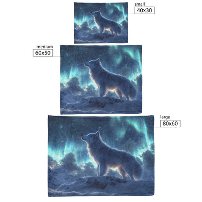 Siberian Husky on Snowy Mountain Peak Under Glowing Northern Lights Fleece Sherpa Blanket - Awakening Righteousness