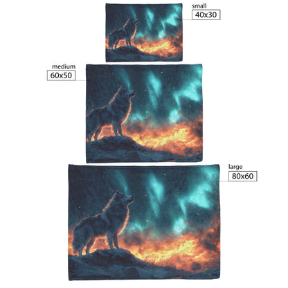 Siberian Husky on Snowy Mountain Peak Under Glowing Northern Lights Fleece Sherpa Blanket - Awakening Righteousness