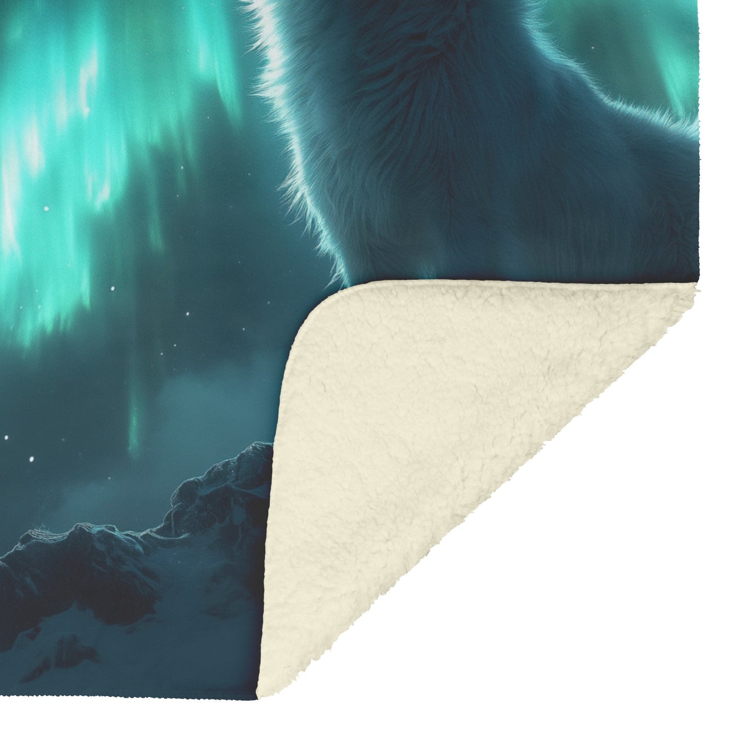 Siberian Husky on Snowy Mountain Peak Under Glowing Northern Lights Fleece Sherpa Blanket - Awakening Righteousness