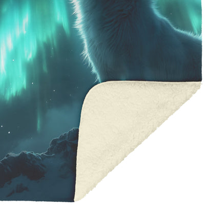 Siberian Husky on Snowy Mountain Peak Under Glowing Northern Lights Fleece Sherpa Blanket - Awakening Righteousness