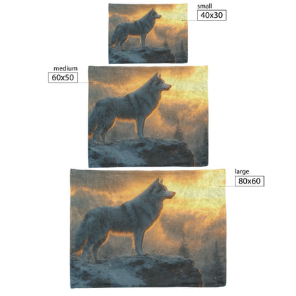 Siberian Husky on Snowy Mountain Peak Under Glowing Northern Lights Fleece Sherpa Blanket - Awakening Righteousness