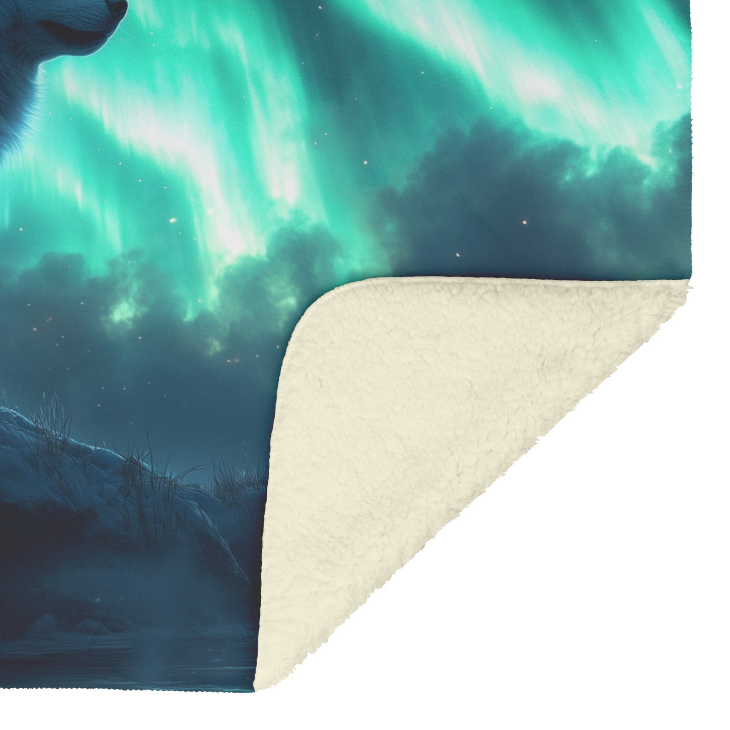 Siberian Husky on Snowy Mountain Peak Under Glowing Northern Lights Fleece Sherpa Blanket - Awakening Righteousness