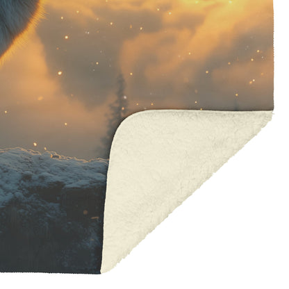 Siberian Husky on Snowy Mountain Peak Under Glowing Northern Lights Fleece Sherpa Blanket - Awakening Righteousness