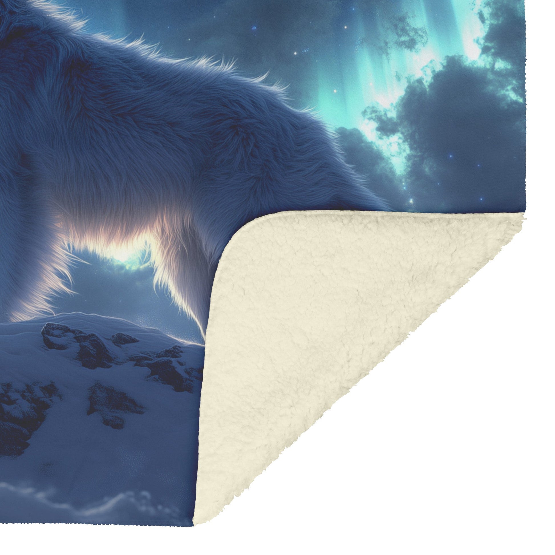 Siberian Husky on Snowy Mountain Peak Under Glowing Northern Lights Fleece Sherpa Blanket - Awakening Righteousness