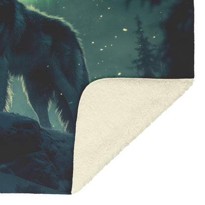 Siberian Husky Standing on Snowy Mountain Peak Under Glowing Northern Lights Fleece Sherpa Blanket - Awakening Righteousness