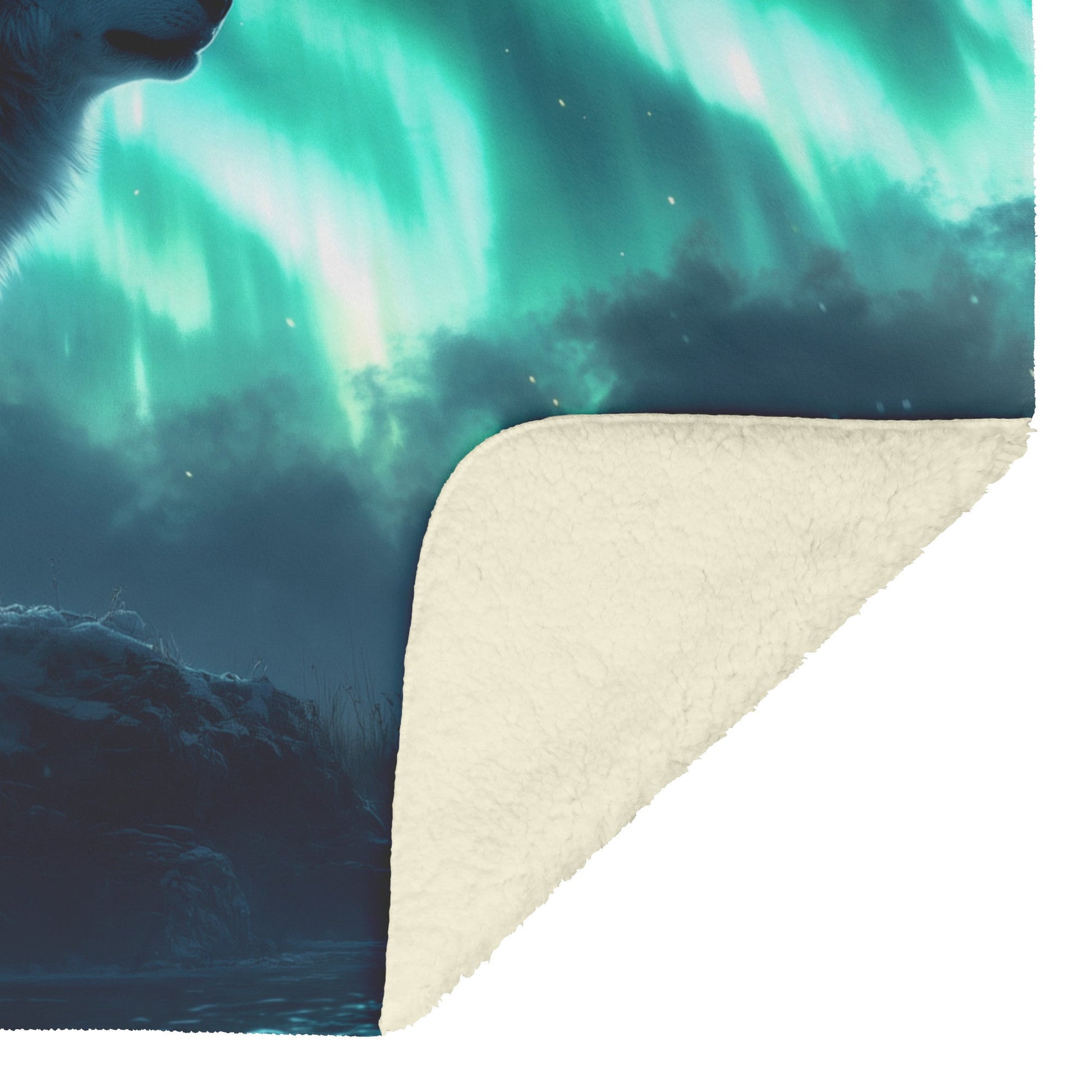 Siberian Husky Standing on Snowy Mountain Peak Under Glowing Northern Lights Fleece Sherpa Blanket - Awakening Righteousness