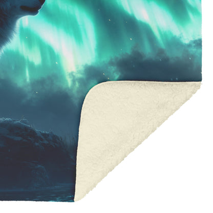 Siberian Husky Standing on Snowy Mountain Peak Under Glowing Northern Lights Fleece Sherpa Blanket - Awakening Righteousness