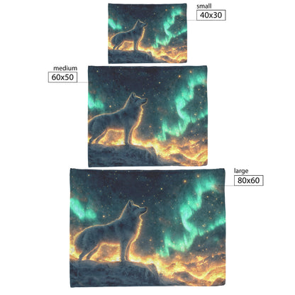 Siberian Husky Standing on Snowy Mountain Peak Under Glowing Northern Lights Fleece Sherpa Blanket - Awakening Righteousness