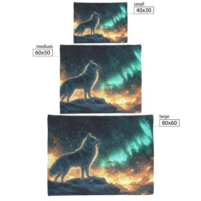 Siberian Husky Standing on Snowy Mountain Peak Under Glowing Northern Lights Fleece Sherpa Blanket - Awakening Righteousness