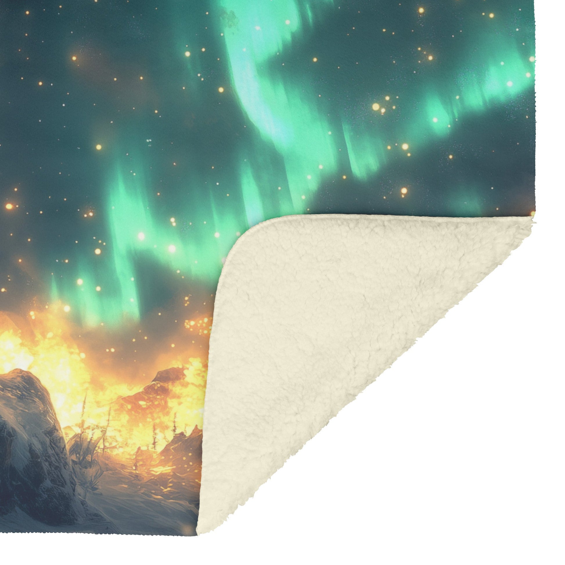 Siberian Husky Standing on Snowy Mountain Peak Under Glowing Northern Lights Fleece Sherpa Blanket - Awakening Righteousness