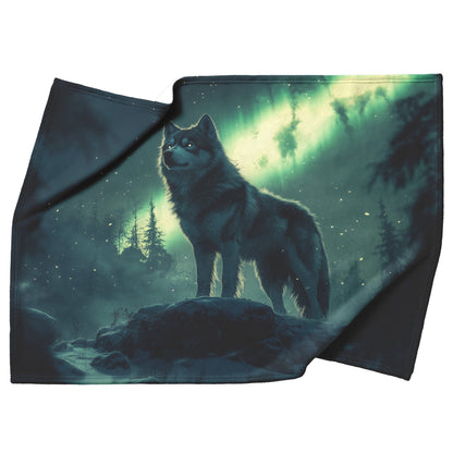 Siberian Husky Standing on Snowy Mountain Peak Under Glowing Northern Lights Fleece Sherpa Blanket - Awakening Righteousness