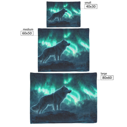 Siberian Husky Standing on Snowy Mountain Peak Under Glowing Northern Lights Fleece Sherpa Blanket - Awakening Righteousness