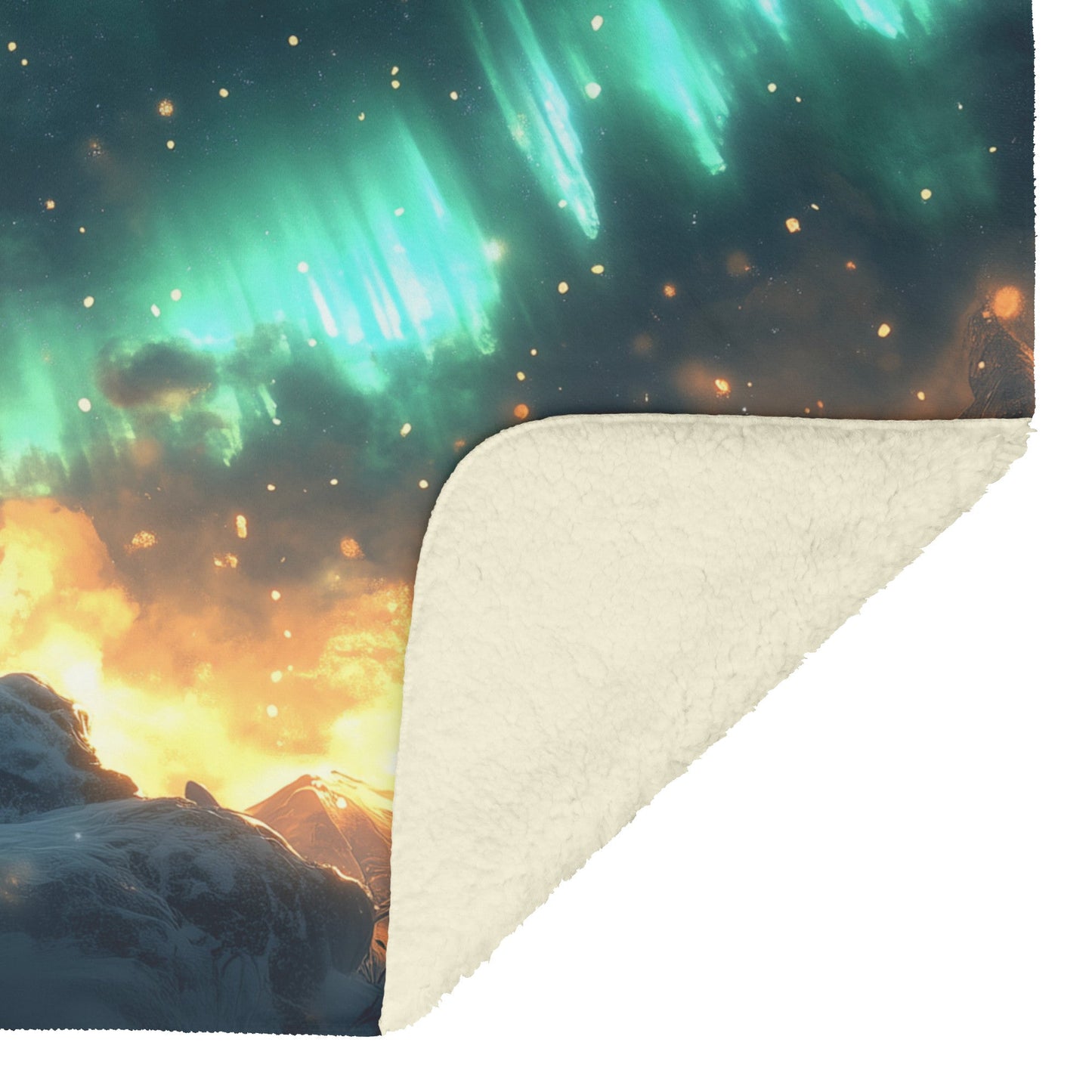 Siberian Husky Standing on Snowy Mountain Peak Under Glowing Northern Lights Fleece Sherpa Blanket - Awakening Righteousness