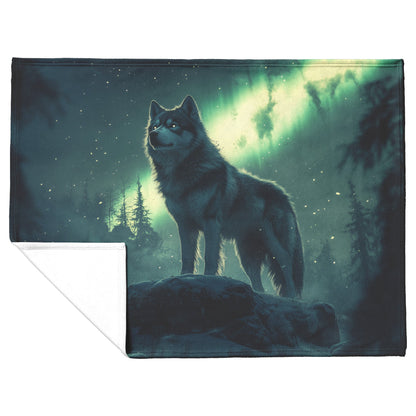 Siberian Husky Standing on Snowy Mountain Peak Under Glowing Northern Lights Fleece Sherpa Blanket - Awakening Righteousness