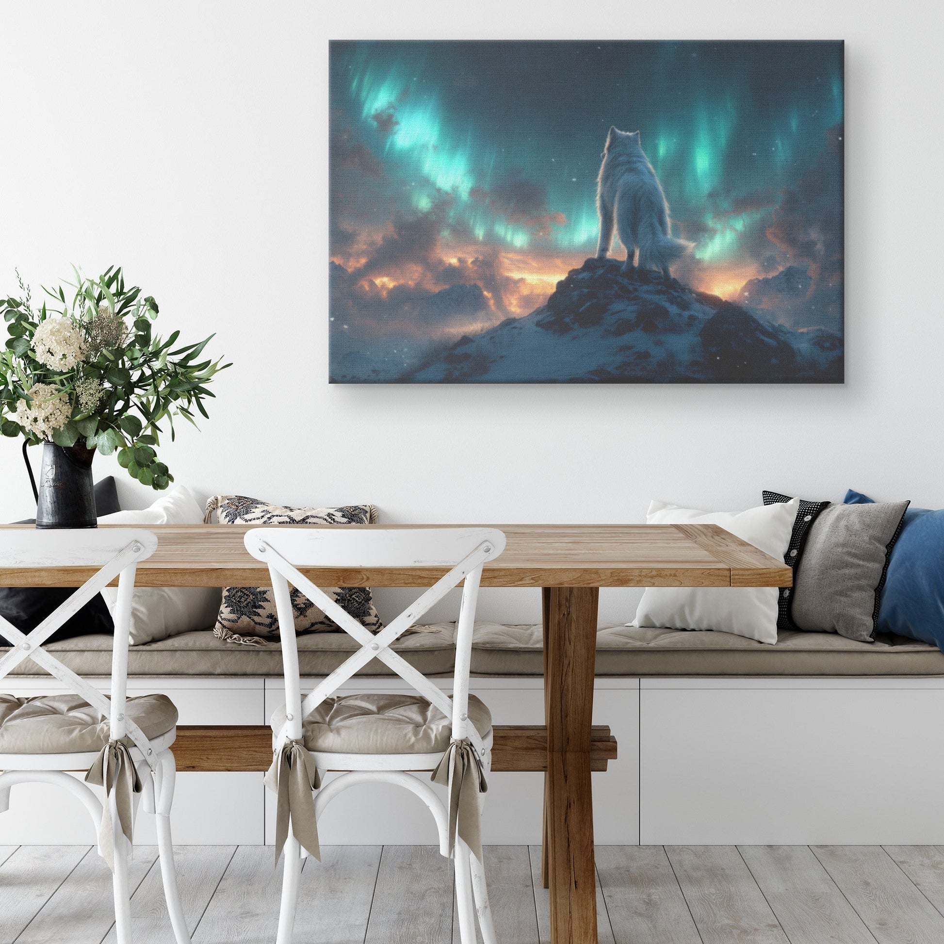 Siberian Husky Standing on Snowy Mountain Peak Under Glowing Northern Lights with Intricate Fur Canvas Wall Art Decor - Awakening Righteousness