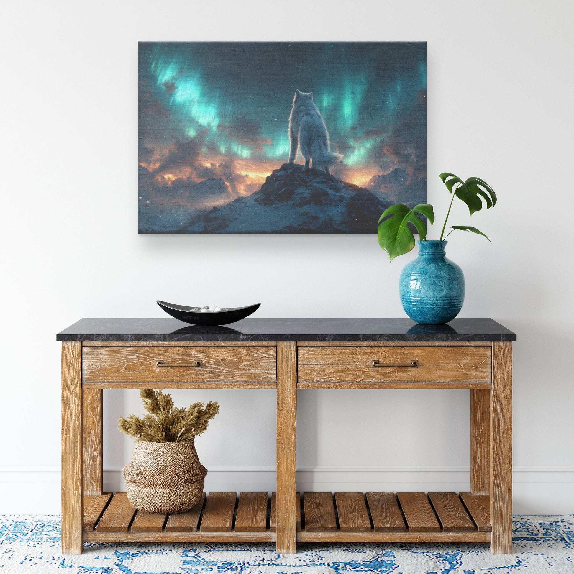 Siberian Husky Standing on Snowy Mountain Peak Under Glowing Northern Lights with Intricate Fur Canvas Wall Art Decor - Awakening Righteousness