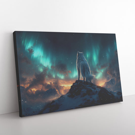 Siberian Husky Standing on Snowy Mountain Peak Under Glowing Northern Lights with Intricate Fur Canvas Wall Art Decor - Awakening Righteousness