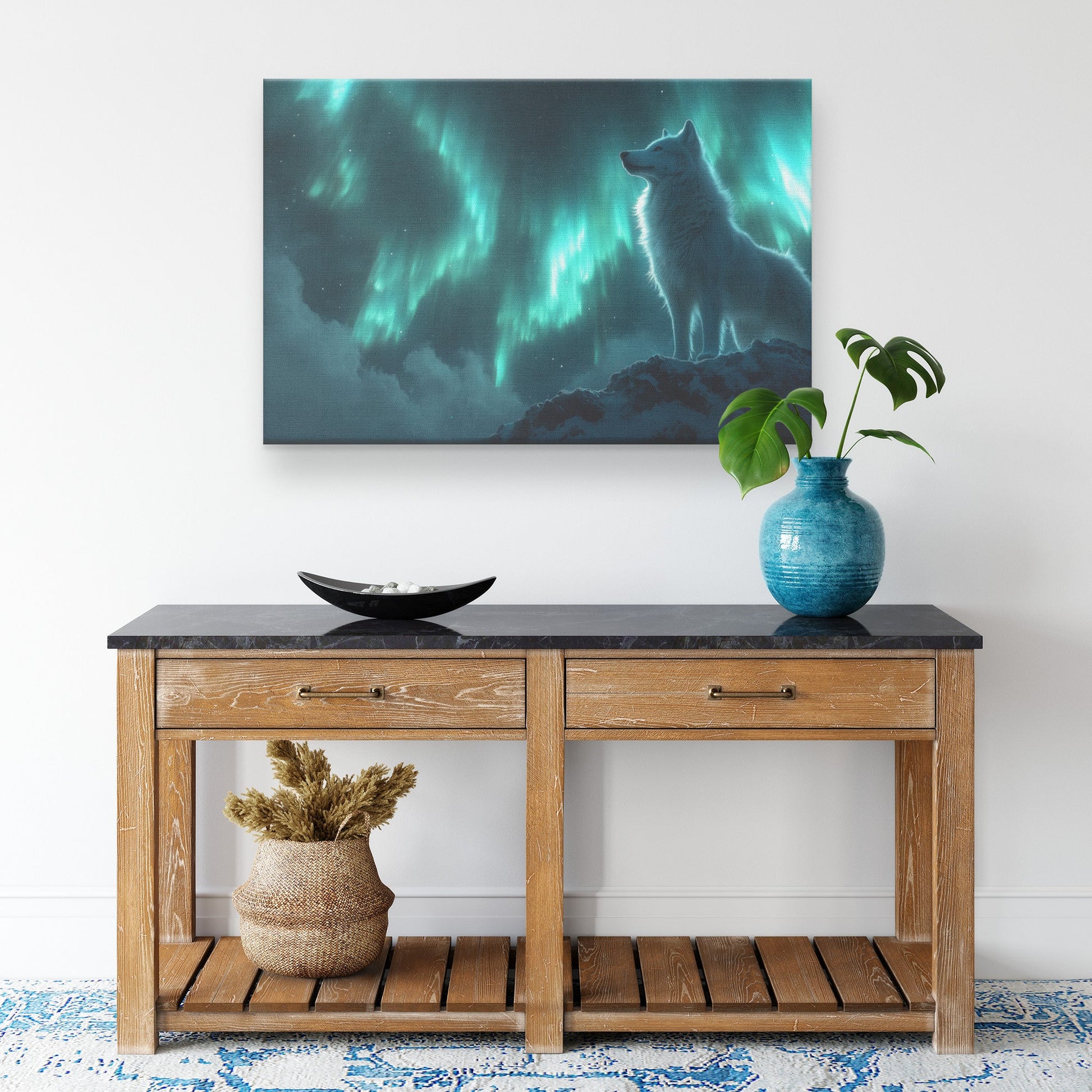 Siberian Husky Standing on Snowy Mountain Peak Under Glowing Northern Lights with Intricate Fur Canvas Wall Art Decor - Awakening Righteousness