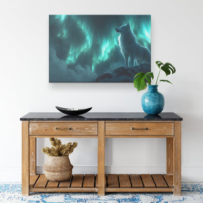 Siberian Husky Standing on Snowy Mountain Peak Under Glowing Northern Lights with Intricate Fur Canvas Wall Art Decor - Awakening Righteousness