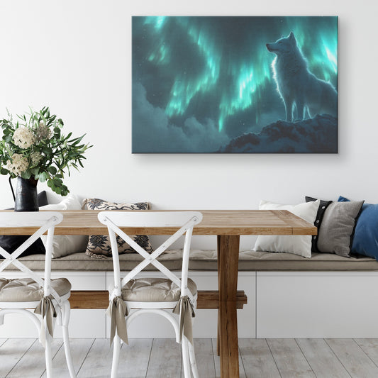Siberian Husky Standing on Snowy Mountain Peak Under Glowing Northern Lights with Intricate Fur Canvas Wall Art Decor - Awakening Righteousness
