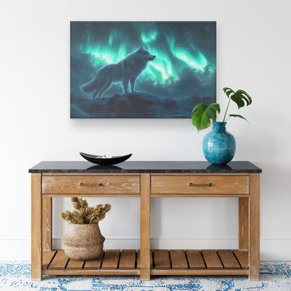 Siberian Husky Standing on Snowy Mountain Peak Under Glowing Northern Lights with Intricate Fur Canvas Wall Art Decor - Awakening Righteousness