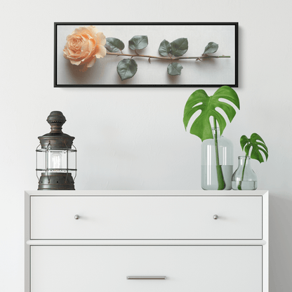 Single Stem Floral Artwork Rose Soft Line Detailing Neutral White Background Ultra High Definition Meticulously Minimal Panoramic Framed Canvas Wall Art - Awakening Righteousness