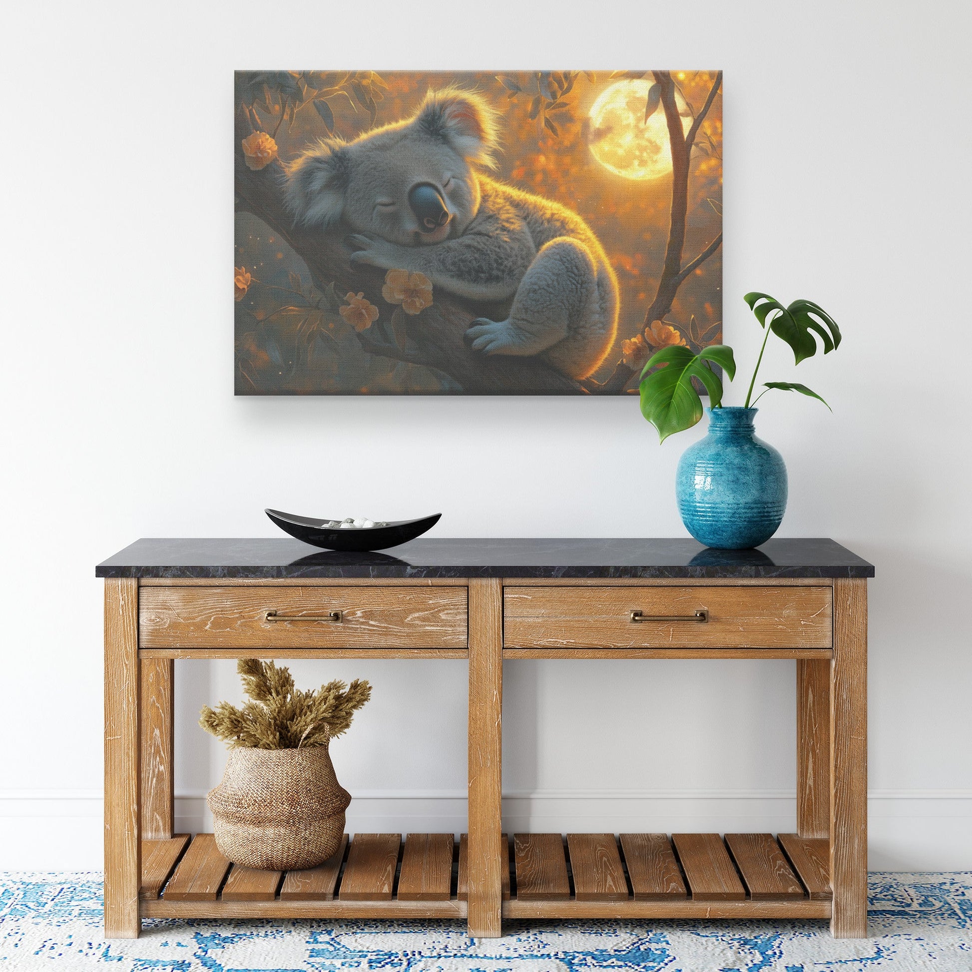 Sleepy Koala Nestled on Tree Branch Under Glowing Full Moon with Soft Silver Highlights Peaceful Wall Art Decor - Awakening Righteousness
